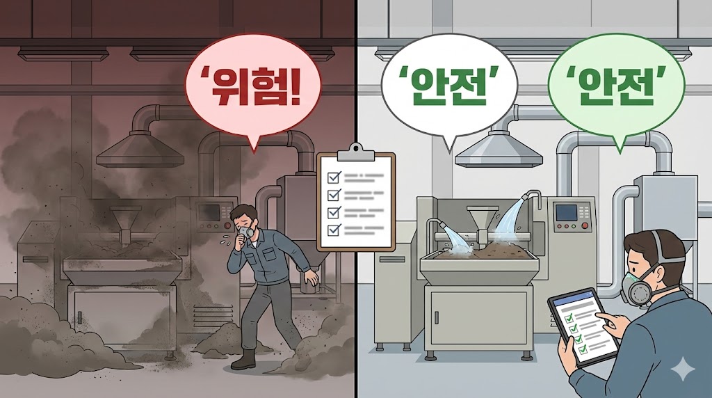 산업안전보건기준 제4조의2 분진의 흩날림 방지 — 습식화·국소배기·집진 통제계층 개념 일러스트