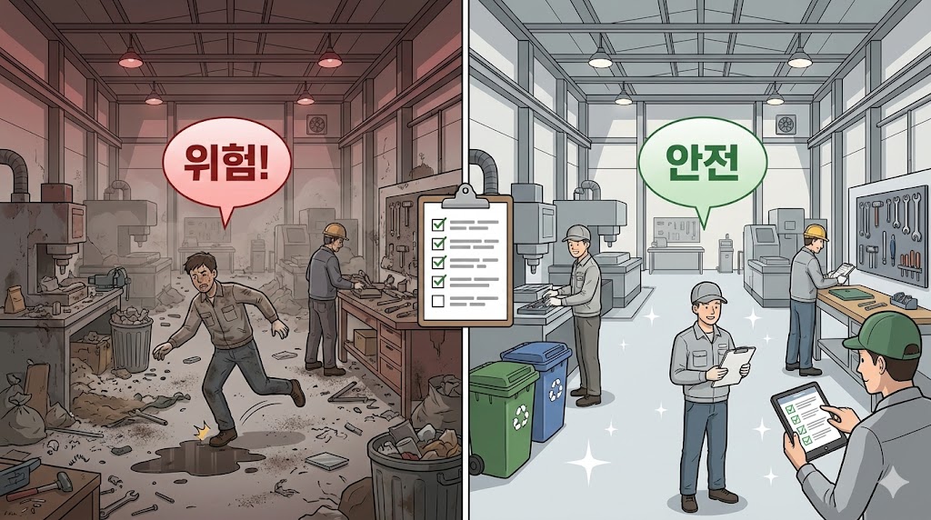 산업안전보건기준 제4조 작업장의 청결 — 상시 청결관리와 폐기물 지정장소 배출 개념 일러스트