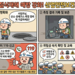 밀폐공간 사고 발생 시 감시인이 지체없이 119에 신고하는 장면과 작업자들이 안전수칙 교육을 받는 장면을 담은 만화 일러스트. 하단에 겨울철 콘크리트 양생 시 갈탄·연탄 대신 전기열풍기 사용 권장 문구 포함. 2025년 12월 시행 밀폐공간 안전규칙 개정 내용 요약.