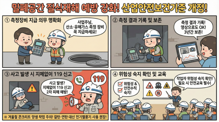 밀폐공간 사고 발생 시 감시인이 지체없이 119에 신고하는 장면과 작업자들이 안전수칙 교육을 받는 장면을 담은 만화 일러스트. 하단에 겨울철 콘크리트 양생 시 갈탄·연탄 대신 전기열풍기 사용 권장 문구 포함. 2025년 12월 시행 밀폐공간 안전규칙 개정 내용 요약.