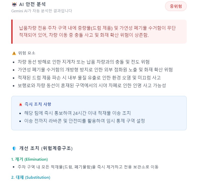 AI risk analysis output screen — Gemini API report showing risk level, Hierarchy of Controls-based corrective actions, and immediate response items