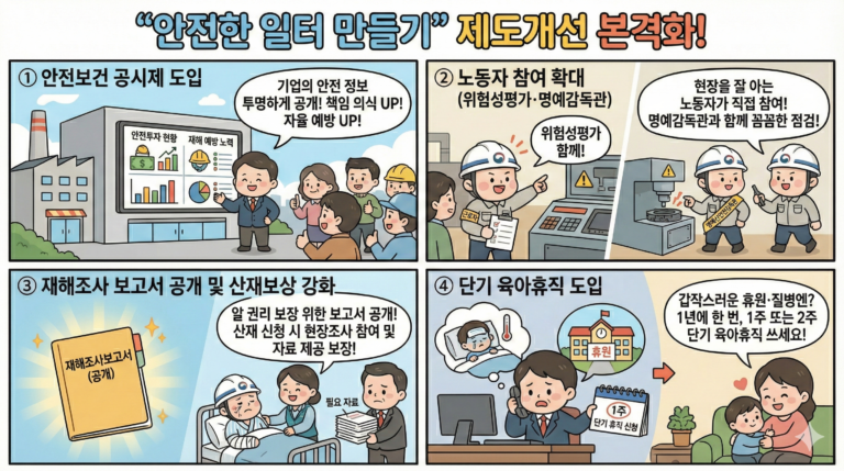 2026년 산업안전보건법 등 5개 법률 개정 핵심 내용 — 안전보건 공시제, 재해조사 범위 확대, 위험성평가 강화, 단기 육아휴직 도입 설명 만화
