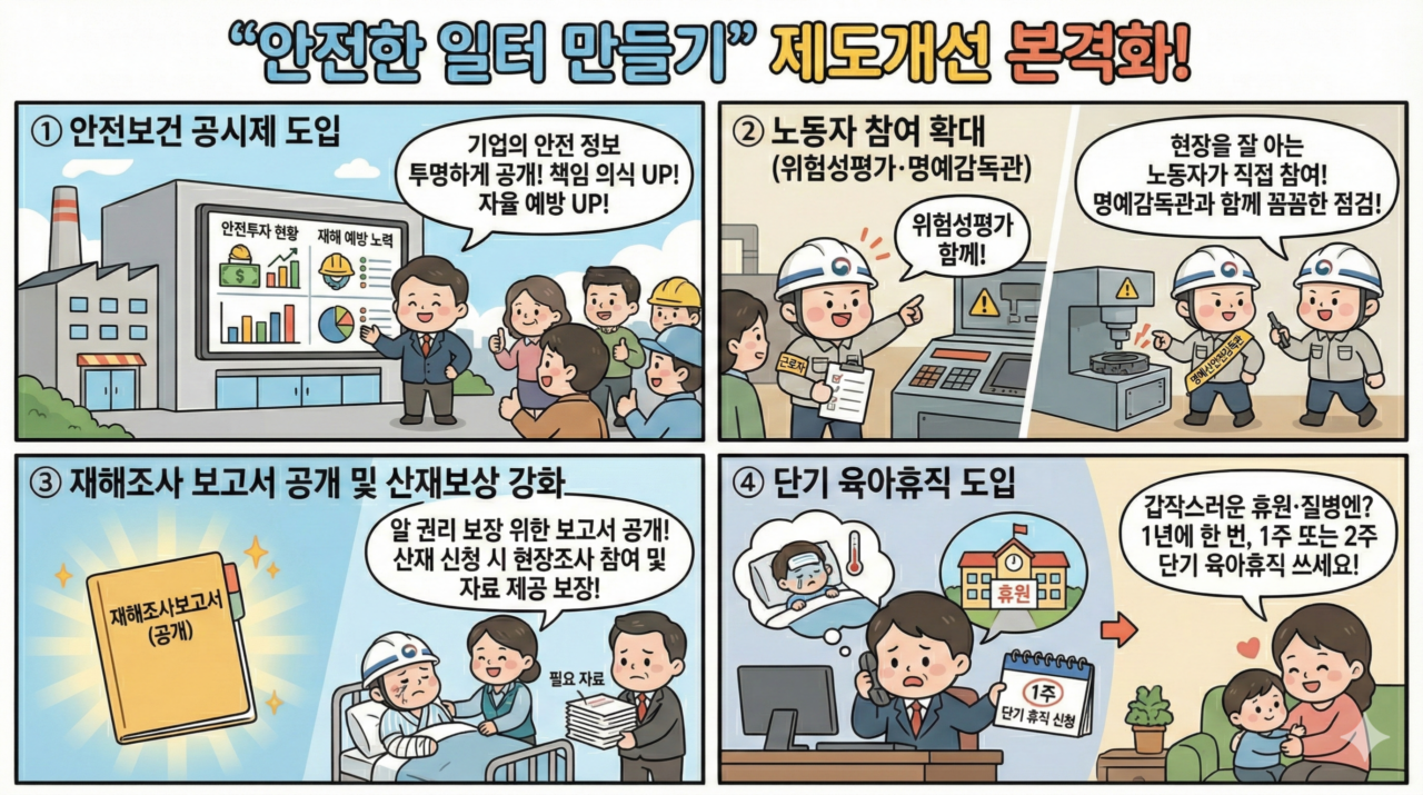 2026년 산업안전보건법 등 5개 법률 개정 핵심 내용 — 안전보건 공시제, 재해조사 범위 확대, 위험성평가 강화, 단기 육아휴직 도입 설명 만화