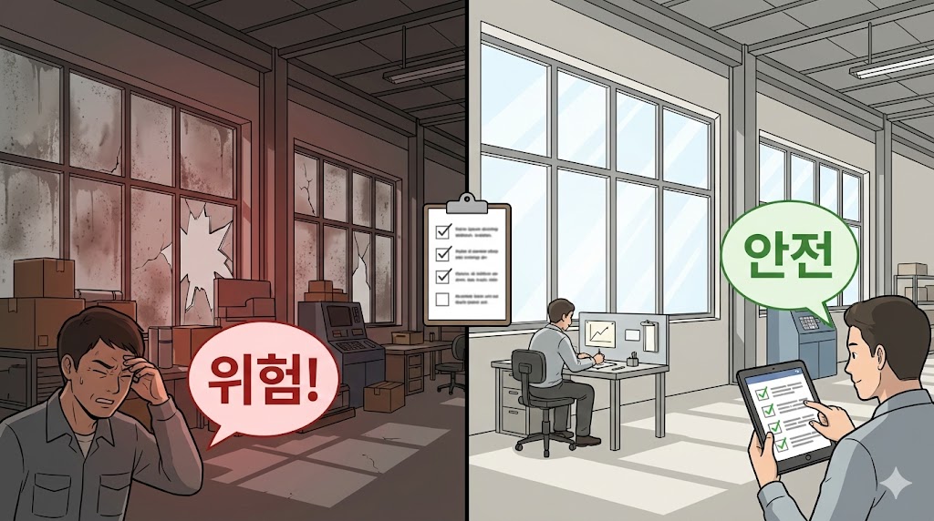 제10조(작업장의 창문): 창문 상태를 통한 채광·시야·환기·파손위험의 지속 관리는 작업환경 안전의 기반이다.