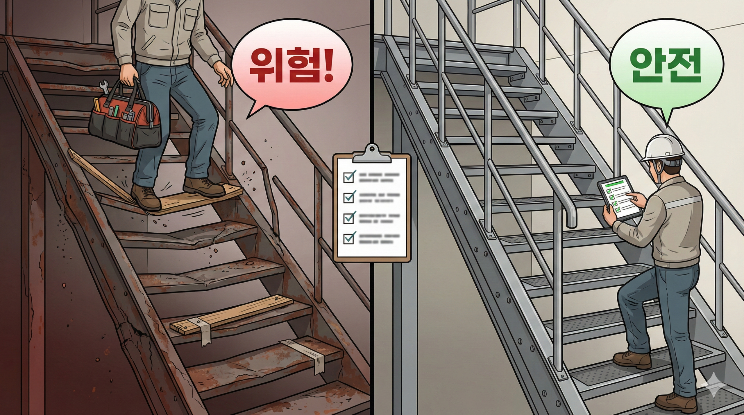 제26조(계단의 강도): 실무 적용의 핵심은 사업주는 계단 및 계단참을 설치하는 경우 매제곱미터당 500킬로그램 이상의 하중에 견딜 수 있는 강도를 가진 구조로 설치하여야 하며, 안전율[안전의 정도를 표시하는 것으로서 재료의 파괴응력도(破壞應力度)와 허용응력도(許容應力度)의 비율을 말한다)]은 4 이상으로 과 사업주는 계단 및 승강구 바닥을 구멍이 있는 재료로 만드는 경우 렌치나 그 밖의 공구 등이 낙하할 위험이 없.