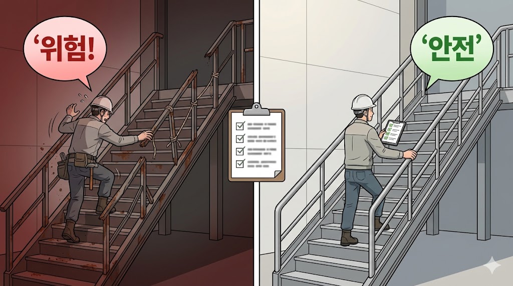 제30조(계단의 난간): 높이 1미터 이상 계단의 모든 개방측에 안전난간을 설치·유지하고, 임시 해체 시 즉시 복구 및 점검기록까지 완료해야 추락사고와 법적 이탈을 동시에 예방할 수 있습니다.