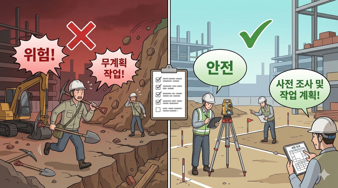 제38조(사전조사 및 작업계획서의 작성 등): 작업 전 사전조사 결과를 기록·보존하고 그 결과를 반영한 작업계획서를 기준으로 작업을 운영하며, 점검 기록과 계획 이탈 시정까지 포함해 관리해야 사고예방 효과를 확보할 수 있습니다.