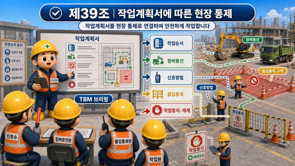 제39조(작업지휘자의 지정): 작업계획서는 작업지휘자를 통해 장비 동선, 작업순서, 신호방법, 출입통제, 작업중지와 재개 기준으로 현장에 적용되어야 합니다.