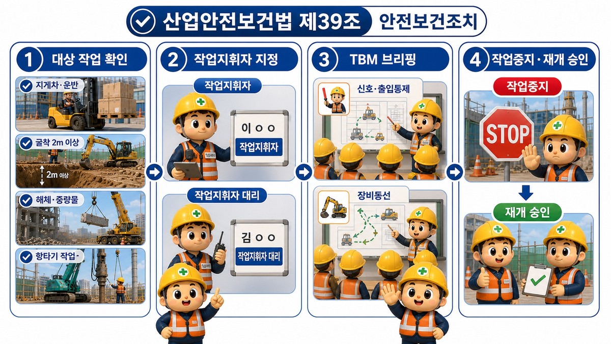 제39조(작업지휘자의 지정): 적용대상 확인, 작업지휘자와 대리자 지정, TBM 신호·출입통제 공유, 작업중지와 재개 승인 절차를 4컷 체크리스트로 정리합니다.