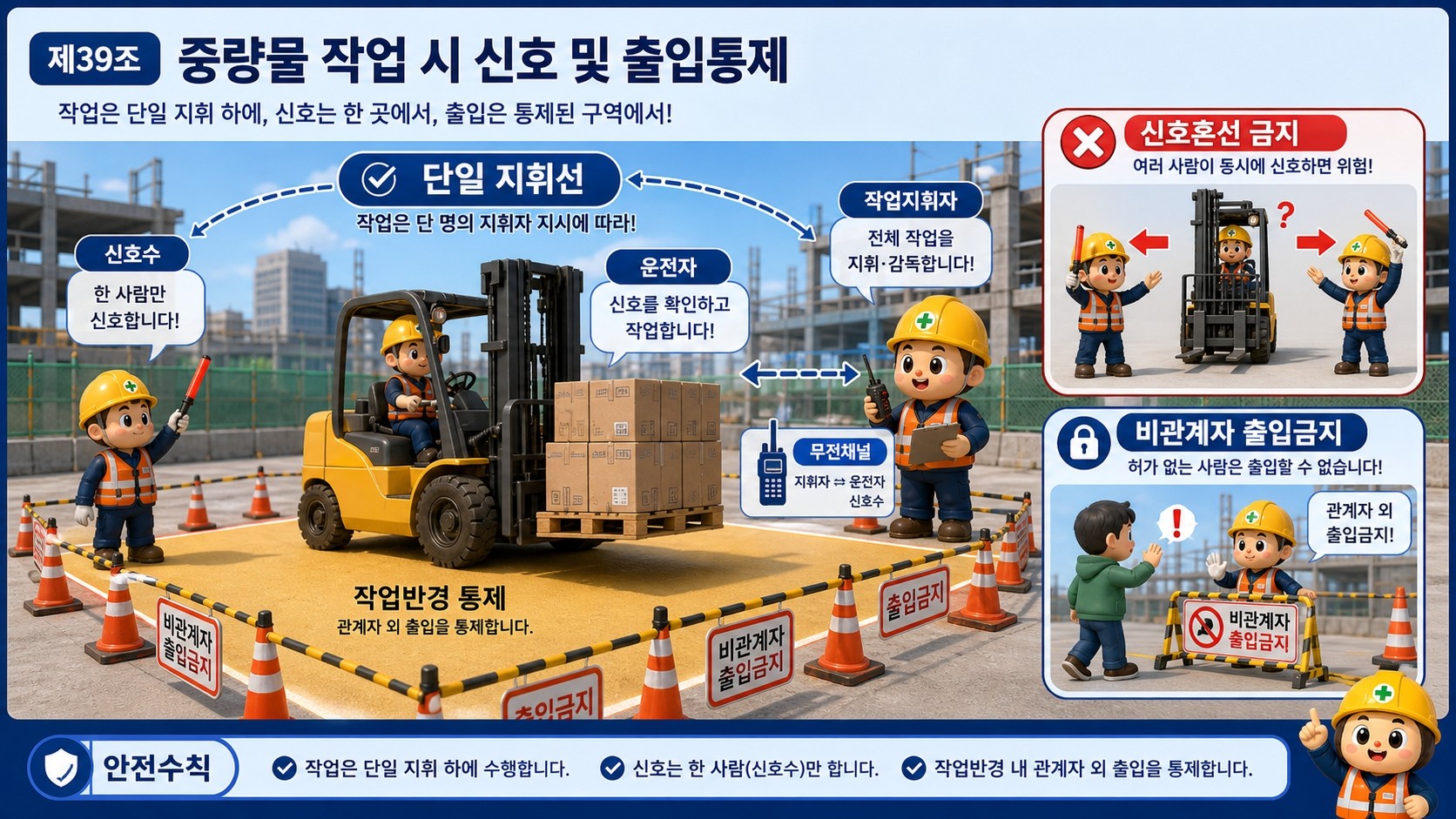 제39조(작업지휘자의 지정): 작업지휘자는 신호수, 장비운전자, 출입통제 담당, 관계근로자를 하나의 지휘선으로 묶어 작업계획서대로 작업하게 해야 합니다.