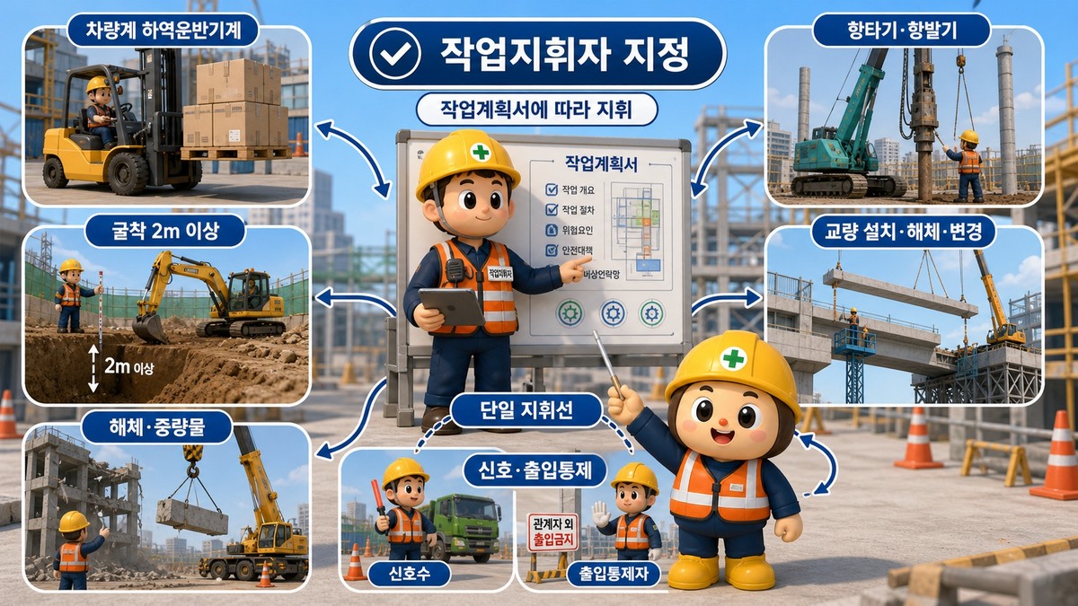 제39조(작업지휘자의 지정): 작업계획서 대상 위험작업은 작업지휘자를 지정해 작업계획서에 따라 차량계 하역운반기계, 굴착, 교량, 해체, 중량물, 항타기·항발기 작업을 지휘해야 합니다.