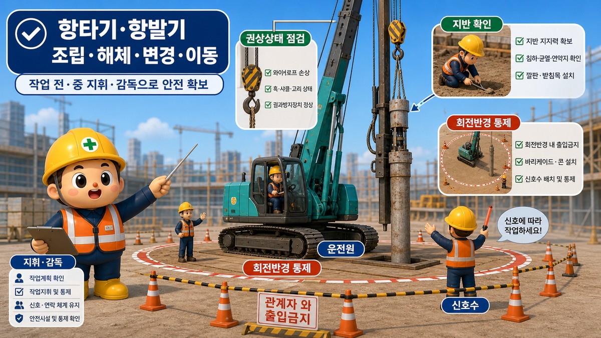 제39조(작업지휘자의 지정): 항타기나 항발기를 조립·해체·변경 또는 이동하여 작업하는 경우 작업지휘자를 지정해 지반, 이동경로, 회전반경, 권상상태, 신호와 출입통제를 지휘·감독해야 합니다.