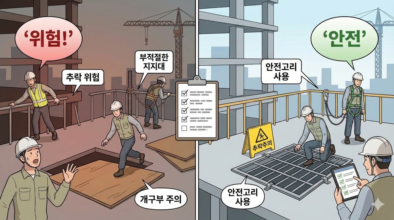 제42조(추락의 방지): 추락위험 장소에서 난간·덮개·안전대 부착설비를 우선 설치하고 점검 기록과 시정 조치를 통해 작업 전·중·후 통제를 유지해야 추락재해를 실질적으로 예방할 수 있습니다.