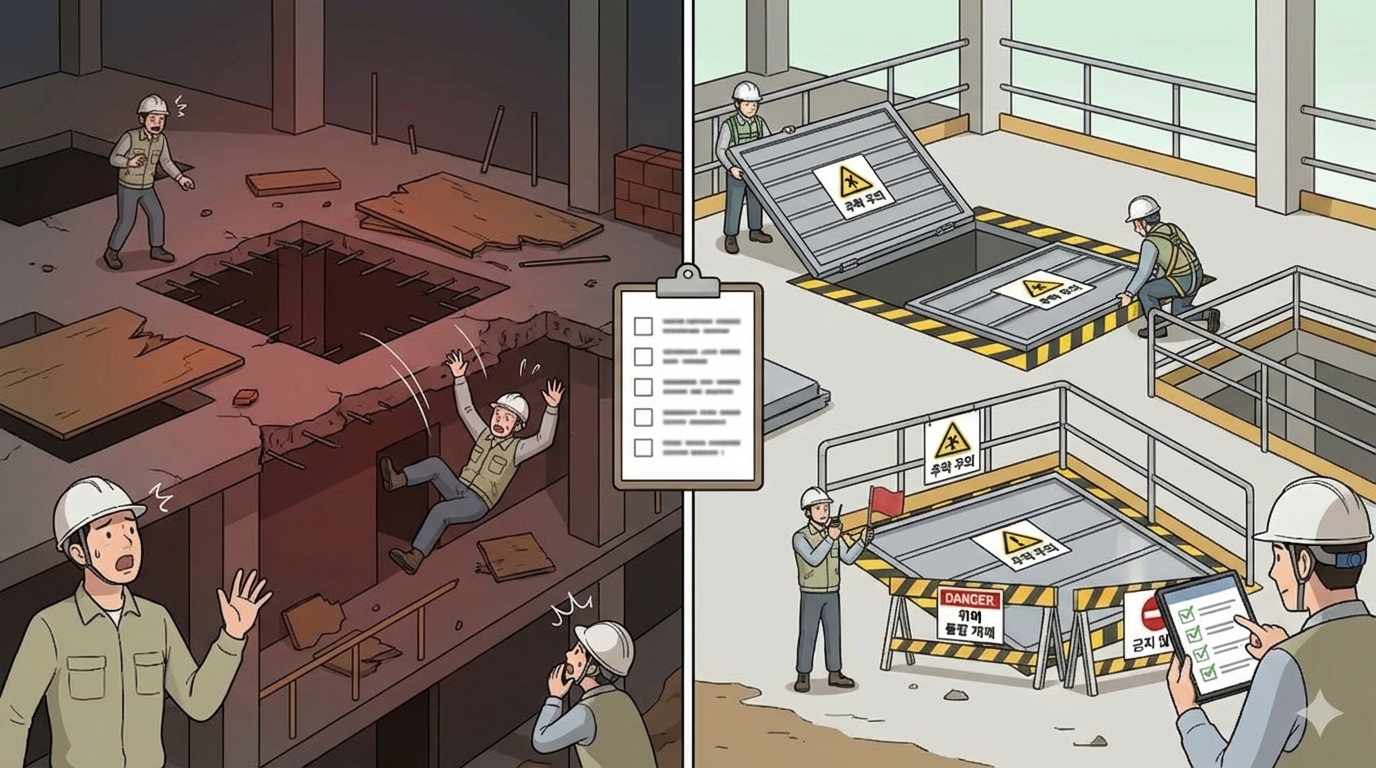 제43조(개구부 등의 방호 조치): 개구부·단부의 추락·낙하 위험 구간에 난간·덮개·출입통제를 우선 적용하고 점검 기록과 시정 조치를 유지해야 개구부 관련 재해를 실질적으로 예방할 수 있습니다.