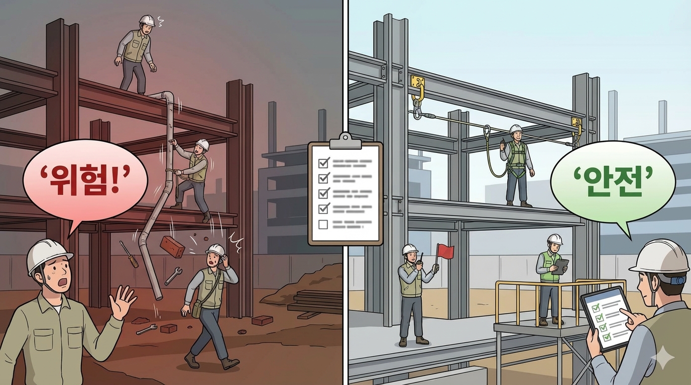 제44조(안전대의 부착설비 등): 높이 2미터 이상 추락위험 작업에서 안전대 부착설비를 설치하고 지지로프 풀림·처짐 방지 상태를 점검하며, 작업 전 점검 기록과 시정 조치를 완료해야 안전대를 실효적으로 사용할 수 있습니다.