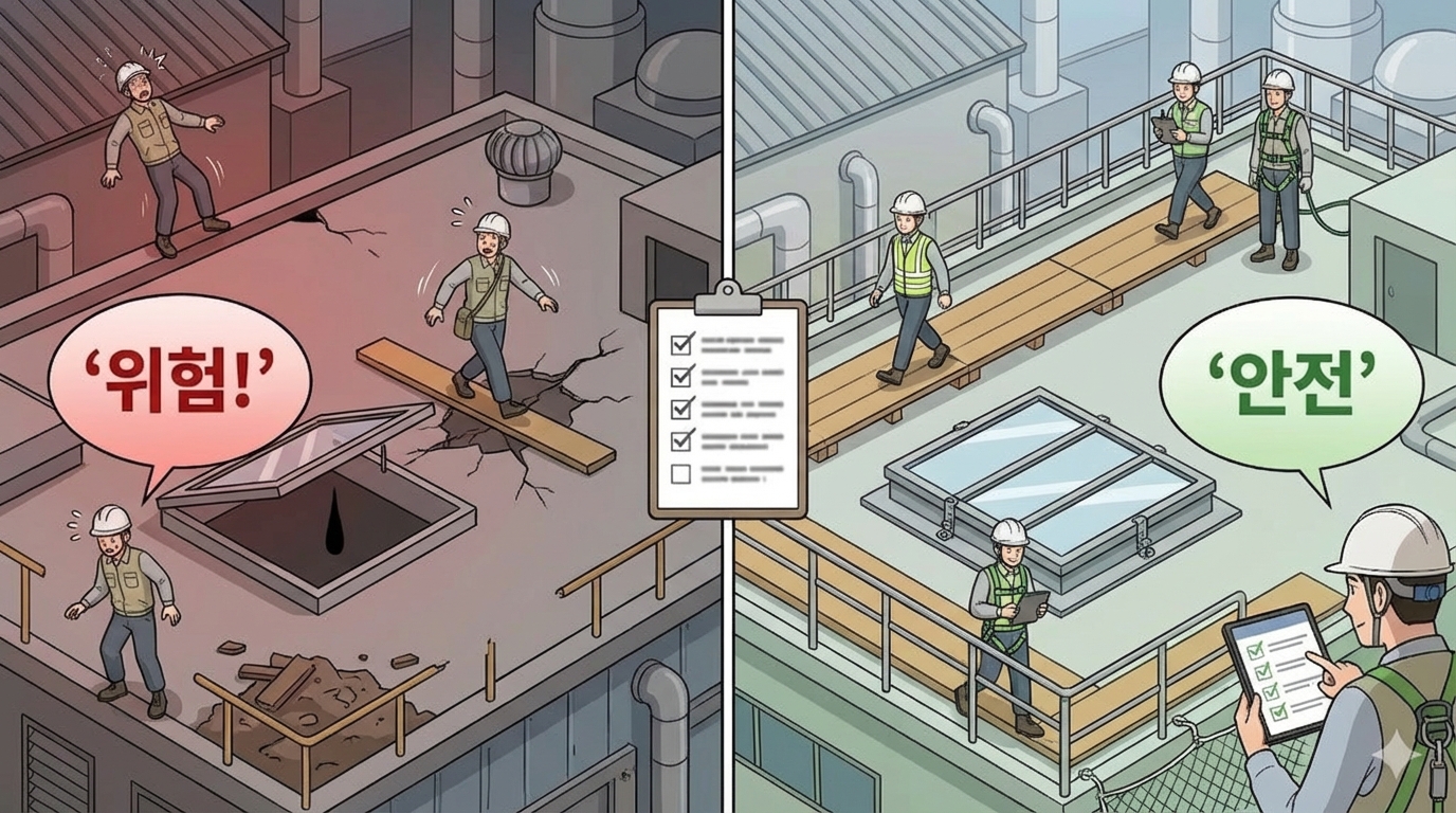 제45조(지붕 위에서의 위험 방지): 지붕 가장자리 난간, 채광창 덮개, 폭 30센티미터 이상 발판을 우선 설치하고 작업 전 점검 기록과 시정 조치를 유지해야 하며, 곤란 시 방호망·안전대 대체조치를 승인 절차로 관리해야 추락위험을 줄일 수 있습니다.