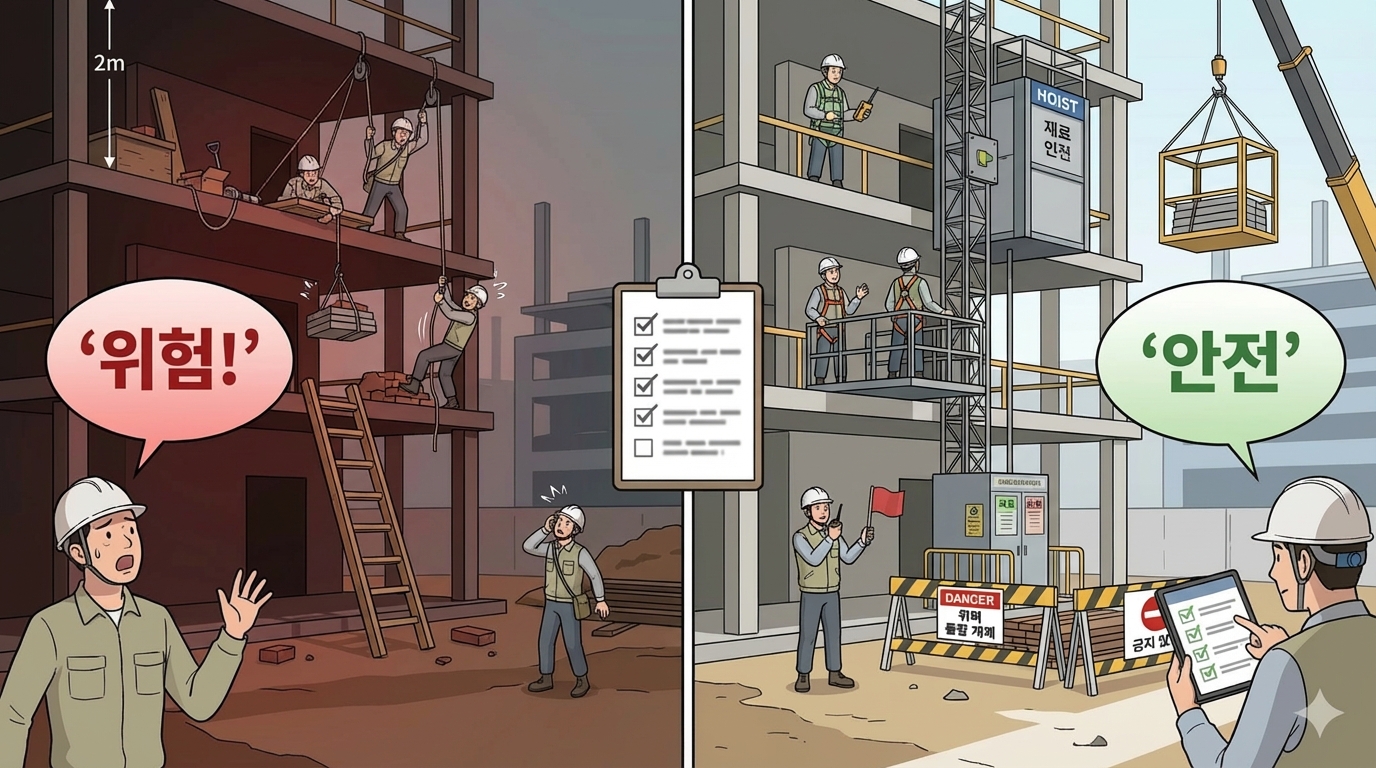 제46조(승강설비의 설치): 높이 또는 깊이 2미터 초과 작업구간에 안전한 승강설비를 설치하고 작업 전 점검 기록과 시정 조치를 통해 설비 상태를 유지해야 하며, 예외 적용 시에도 대체통제를 승인 절차로 관리해야 추락위험을 줄일 수 있습니다.