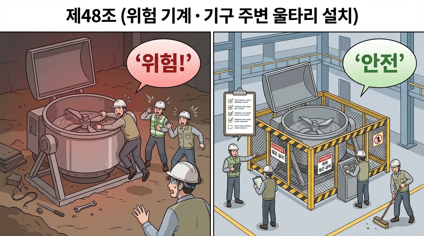 제48조(울타리의 설치): 케틀·호퍼·피트 등 위험원 주변에 높이 90센티미터 이상 울타리를 설치하고 점검 기록과 시정 조치를 상시 운영해 굴러떨어짐으로 인한 화상·질식 2차피해까지 함께 예방해야 합니다.