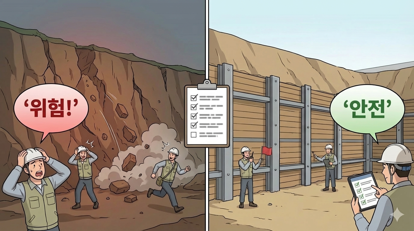 제50조(토사등에 의한 위험 방지): 안전한 지반경사 확보, 토석 제거, 옹벽·지보공 설치, 빗물·지하수 배제를 작업 전·중·후로 관리하고 점검 기록과 시정 조치를 유지해야 토사·구축물 붕괴 재해를 예방할 수 있습니다.