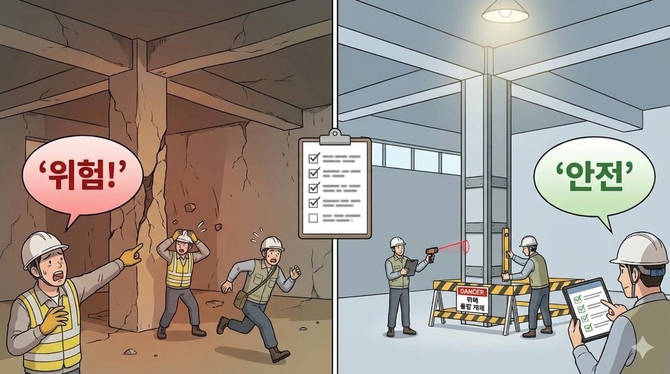 제52조(구축물등의 안전성 평가): 균열·침하·변형·부식·화재·하중변화·재사용·구조변경이 있으면 구조검토와 안전진단, 안전성평가를 실시하고 사용제한·보강·작업중지 조치로 붕괴 위험을 선제 제거해야 합니다.