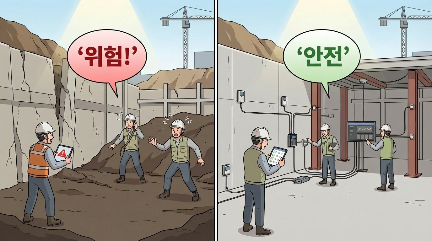 제53조(계측장치의 설치 등): 계측시공 지시나 붕괴 위험, 설계도서 요구가 있으면 변위·침하·균열 등을 확인할 계측장치를 설치하고 결과 확인·안전성 검토·작업중지·보강조치로 이어가야 합니다.