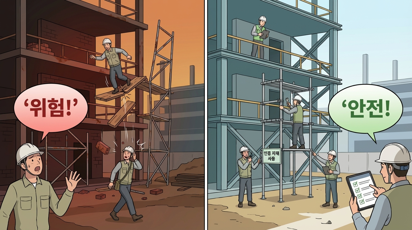 제54조(비계의 재료): 변형·부식·심한 손상이 없는 부재와 KS 기준 이상 강관을 사용하고, 반입검사·사용제한·교체조치로 비계 붕괴와 추락 재해를 예방해야 합니다.