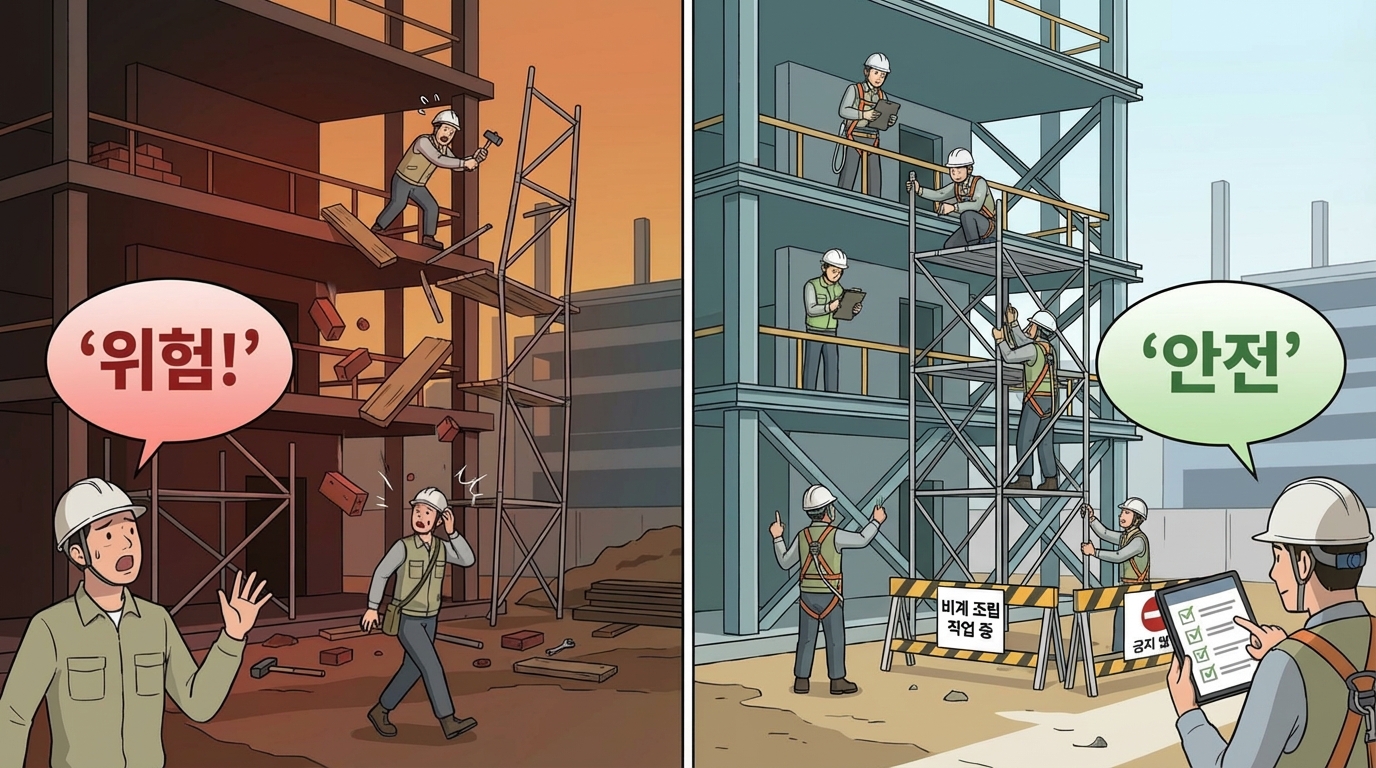 제57조(비계 등의 조립ㆍ해체 및 변경): 비계 조립·해체·변경 작업에서 작업계획, 작업구역 통제, 발판 설치, 자재 인양 통제를 지켜 추락·붕괴·낙하 재해를 예방해야 함을 설명하는 이미지
