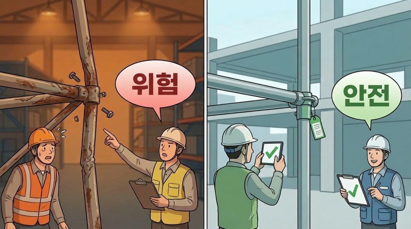 제58조(비계의 점검 및 보수): 비계 작업 전 발판, 연결부, 손잡이, 기둥, 로프 상태를 점검하고 이상 발견 시 즉시 보수해야 함을 설명하는 이미지