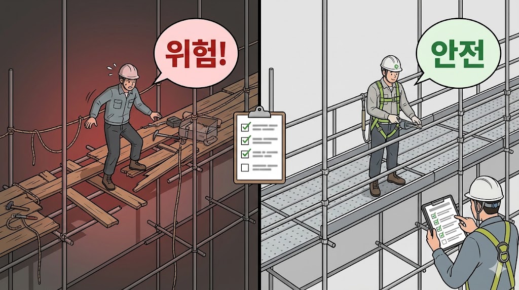 제9조(작업발판): 작업발판의 설치·고정·난간 3요소 완결성과 기상·하중 조건 관리는 추락 재해 예방의 절대적 기준이다.