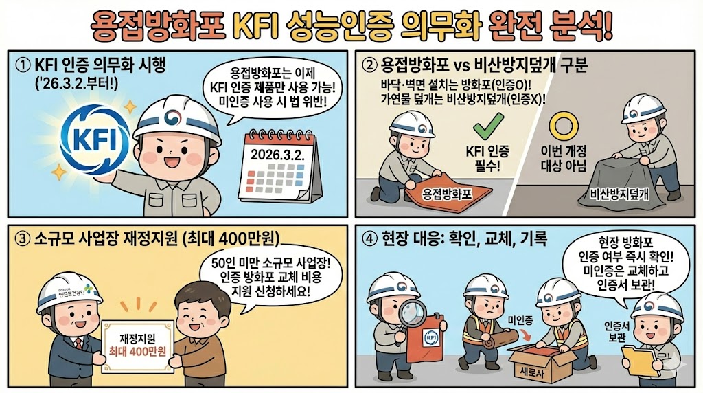 안전보건규칙 제241조 화재위험작업 준수사항 개정 — 용접방화포 KFI 성능인증 의무화 안내 이미지