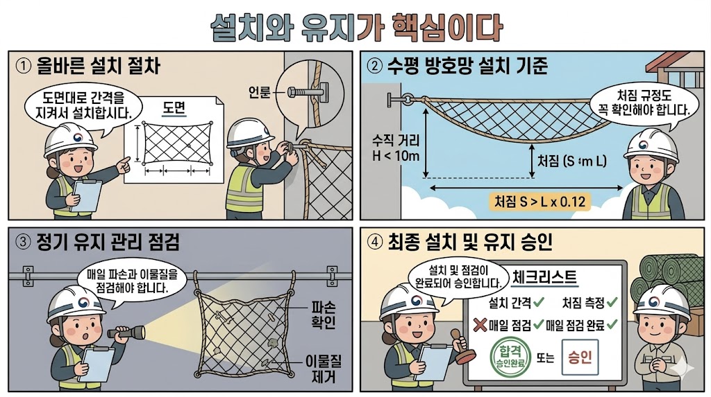 KOSHA GUIDE A-G-1-2025 현장 점검 해설 대표 이미지: 건설현장에서 추락방호망의 장력, 손상, 임시 해체, 감독 체크리스트를 함께 점검하는 문서형 일러스트