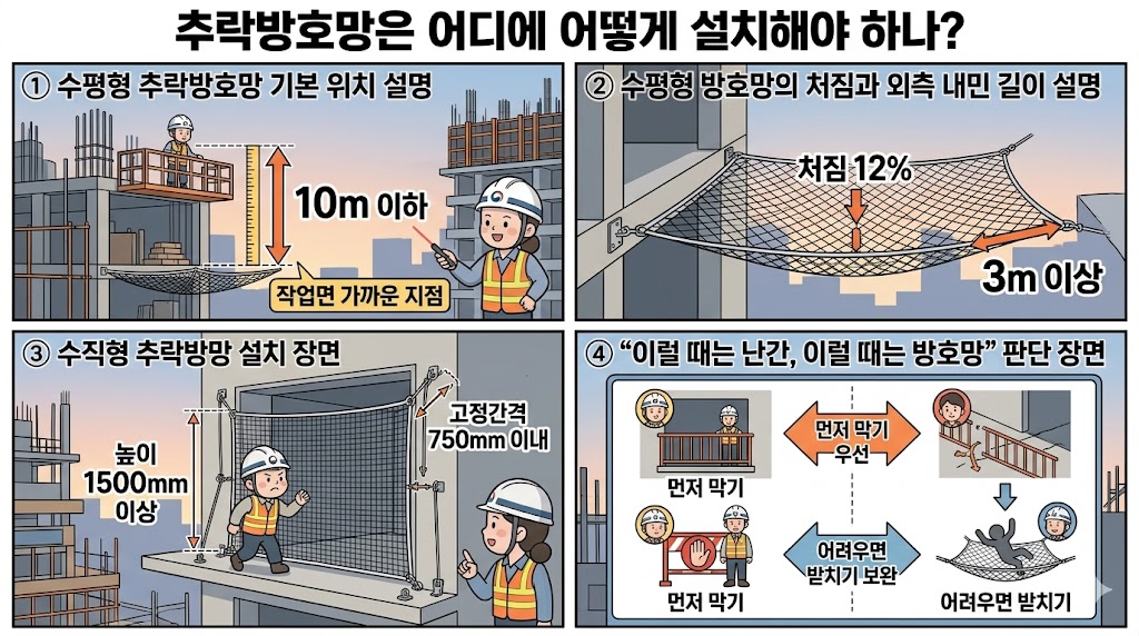 KOSHA GUIDE A-G-1-2025 설치기준 해설 대표 이미지: 건설현장에서 수평형 추락방호망의 처짐과 외측 내민 길이, 수직형 추락방망의 고정 간격과 높이 기준을 함께 보여주는 문서형 일러스트