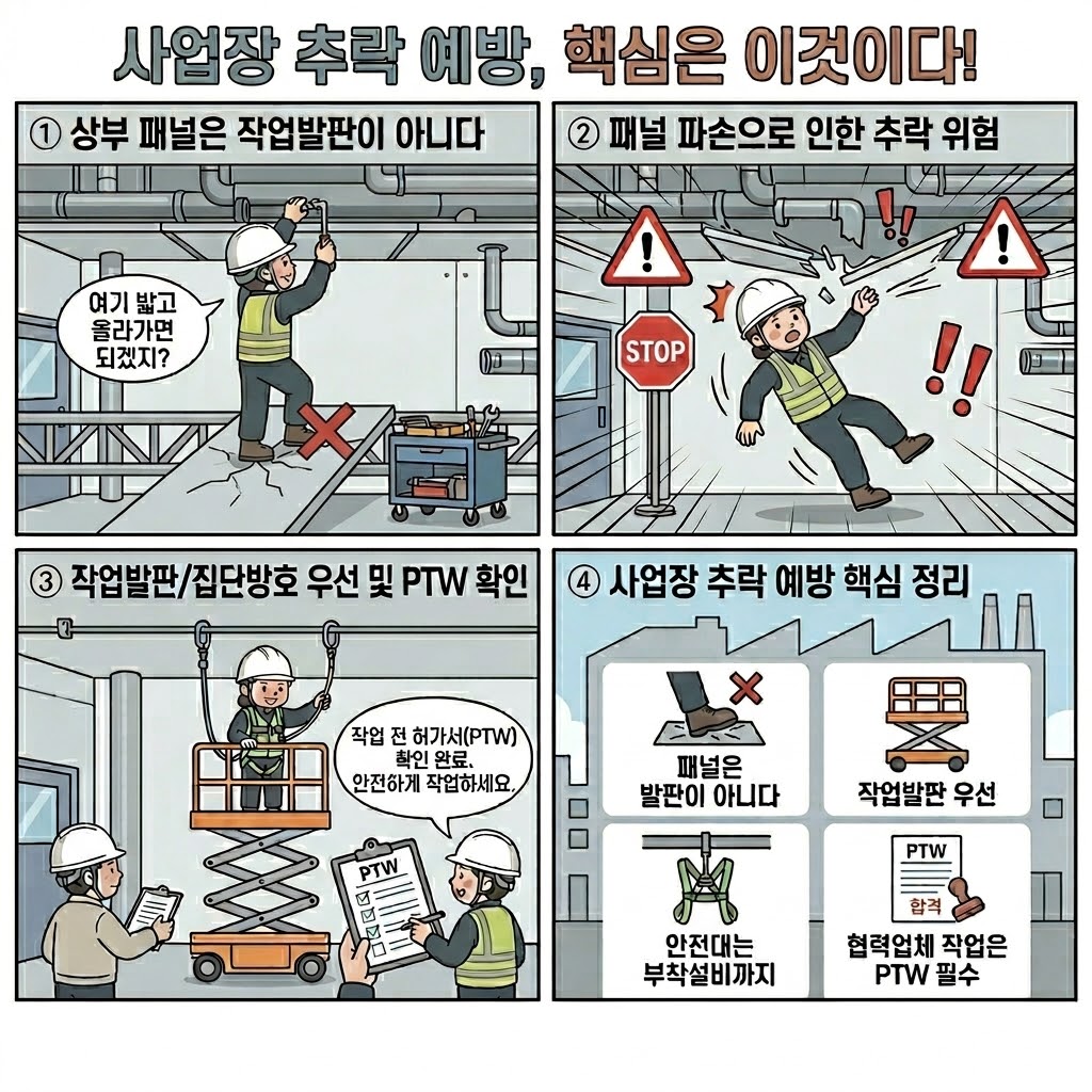 셀트리온 송도 공장 추락사 안전관리 4컷 만화: 상부 패널을 임시 발판처럼 사용하는 위험한 유지보수 작업, 패널 파손에 따른 추락위험, 작업발판·PTW·안전대 부착설비를 적용한 개선 작업, 사업장 안전관리 핵심 메시지를 순서대로 보여주는 교육용 이미지