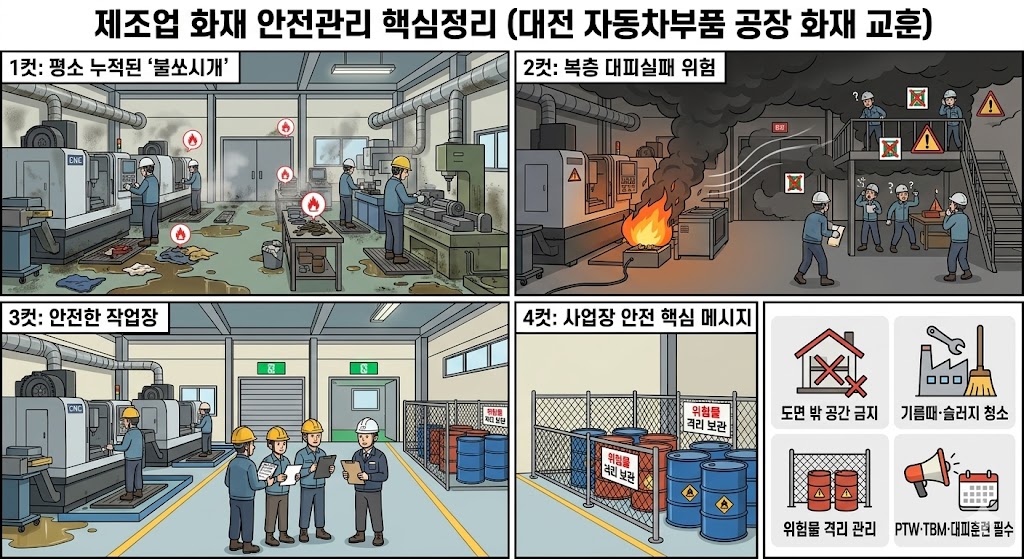 대전 안전공업 화재 안전관리 4컷 만화: 절삭유와 기름때가 많은 공장 내부, 복층 휴게공간으로 몰린 연기와 피난 실패 위험, PTW·TBM·위험물 관리와 청소 기준을 적용한 개선 작업장, 사업장 안전관리 핵심 메시지를 순서대로 보여주는 교육용 이미지