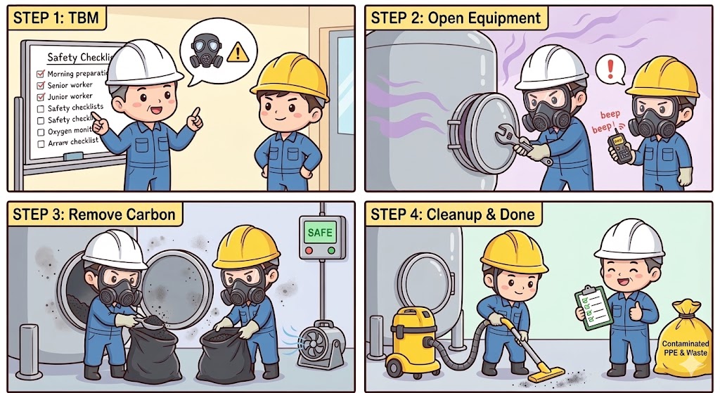 활성탄 설비 교체 JSA 4컷 만화: TBM 안전 교육, VOC 가스 감지, 활성탄 인출 작업, 정리 및 마무리 4단계 핵심 안전 포인트를 귀여운 카툰으로 표현