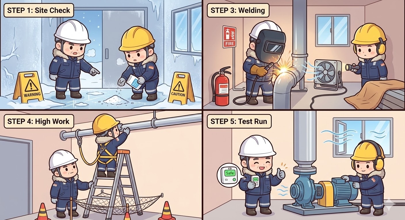 엔진펌프 소화배관 설치 JSA 4컷 만화: 결빙 현장 점검, 중량물 운반, 용접 작업, 고소 배관 체결 4단계 핵심 안전 포인트를 귀여운 카툰으로 표현