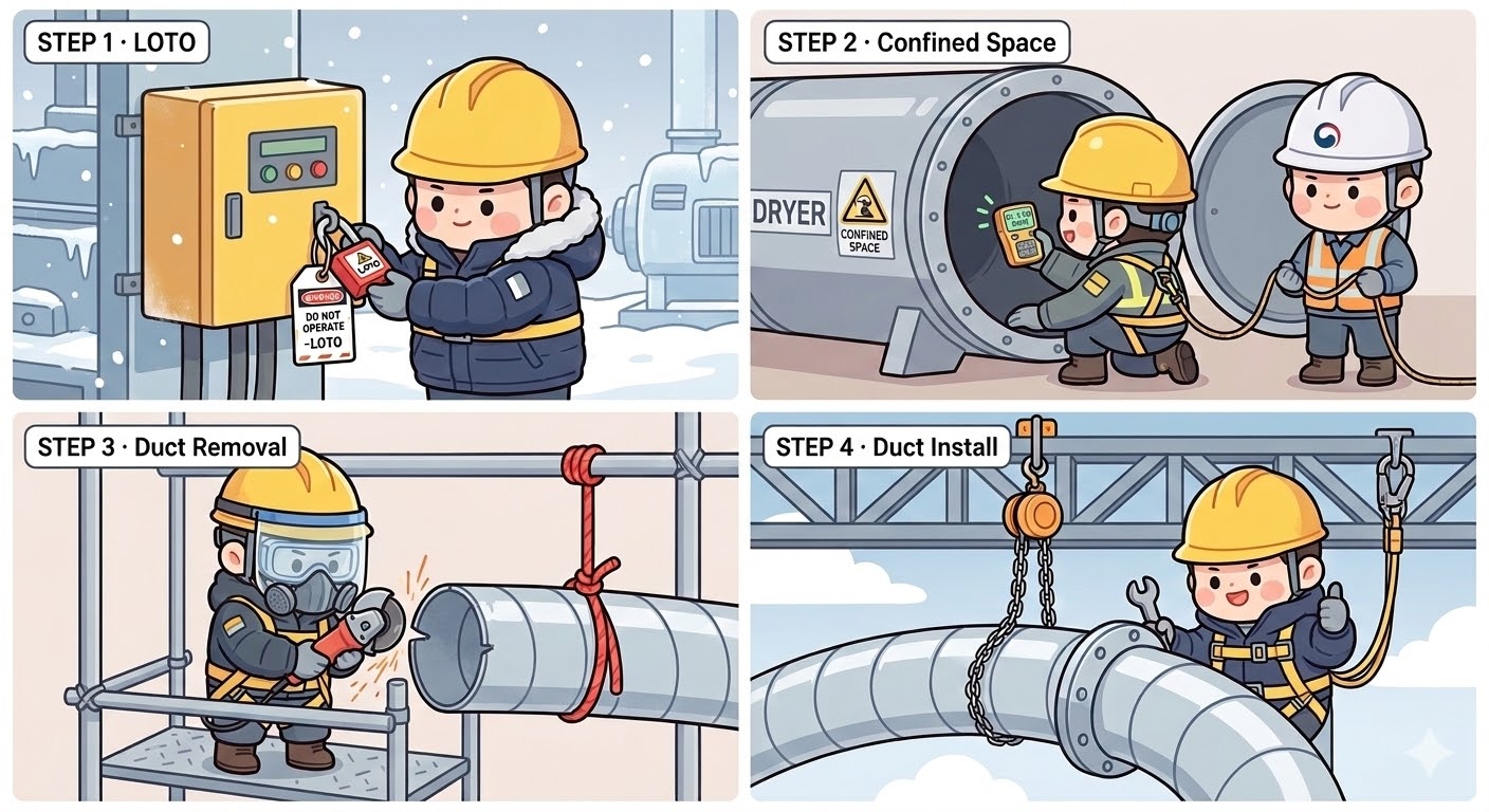 진공건조로 스파이럴 덕트 교체 JSA 4컷 만화: LOTO 잠금 조치, 밀폐공간 진입 전 가스 측정, 고소 덕트 해체(안전대·결속), 신규 덕트 인양·접합 4단계 핵심 안전 포인트를 귀여운 카툰으로 표현