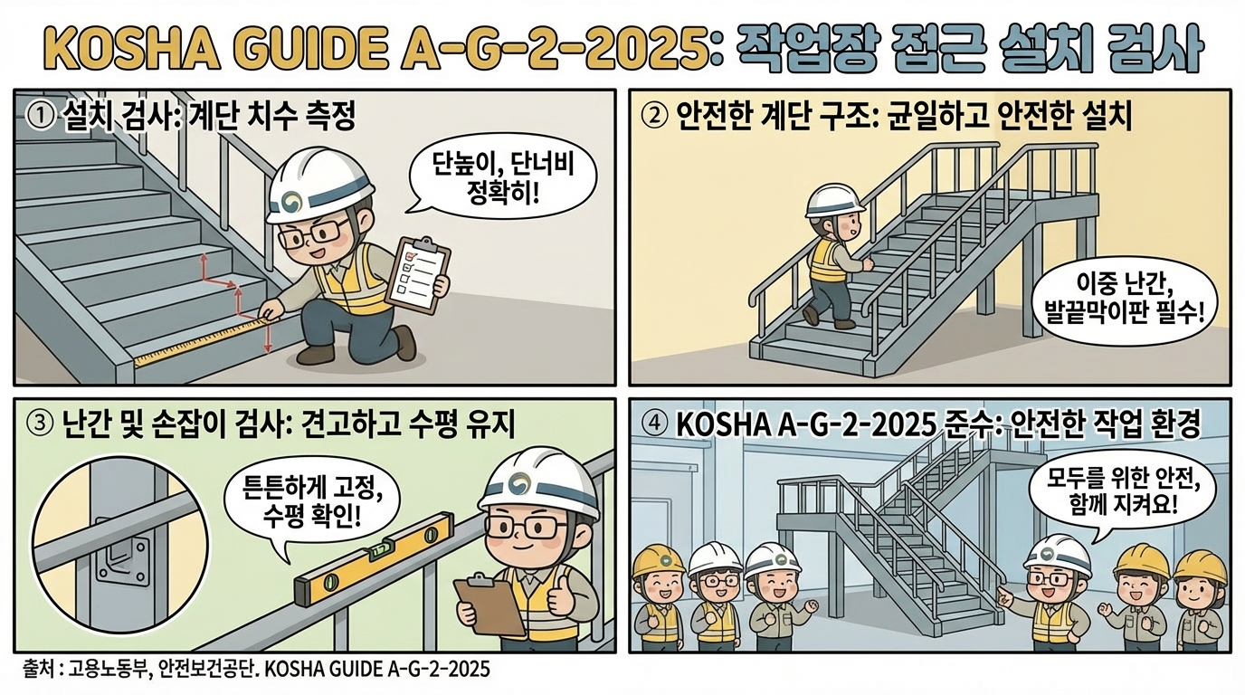 KOSHA GUIDE A-G-2-2025 3편 대표 이미지: 계단, 발판사다리, 난간, 랜딩, 하중 기준을 도면처럼 비교 정리한 산업안전 문서형 일러스트