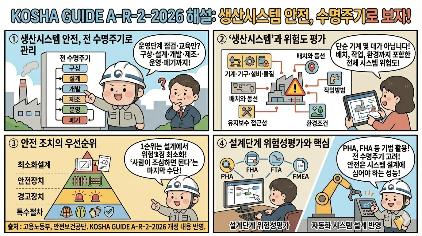 KOSHA GUIDE A-R-2-2026 해설 대표 이미지: 생산시스템 안전을 구상·설계·개발·제조·운영·폐기까지 수명주기 관점으로 관리하는 흐름을 보여주는 문서형 일러스트