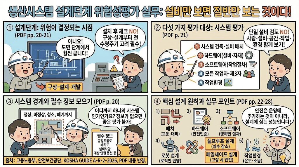 A-R-2-2026 생산시스템 설계단계 위험성평가 대표 이미지: 설비 배치도, 작업자 동선, 유지보수 접근, 비상대피 경로를 함께 검토하는 설계 검토 장면
