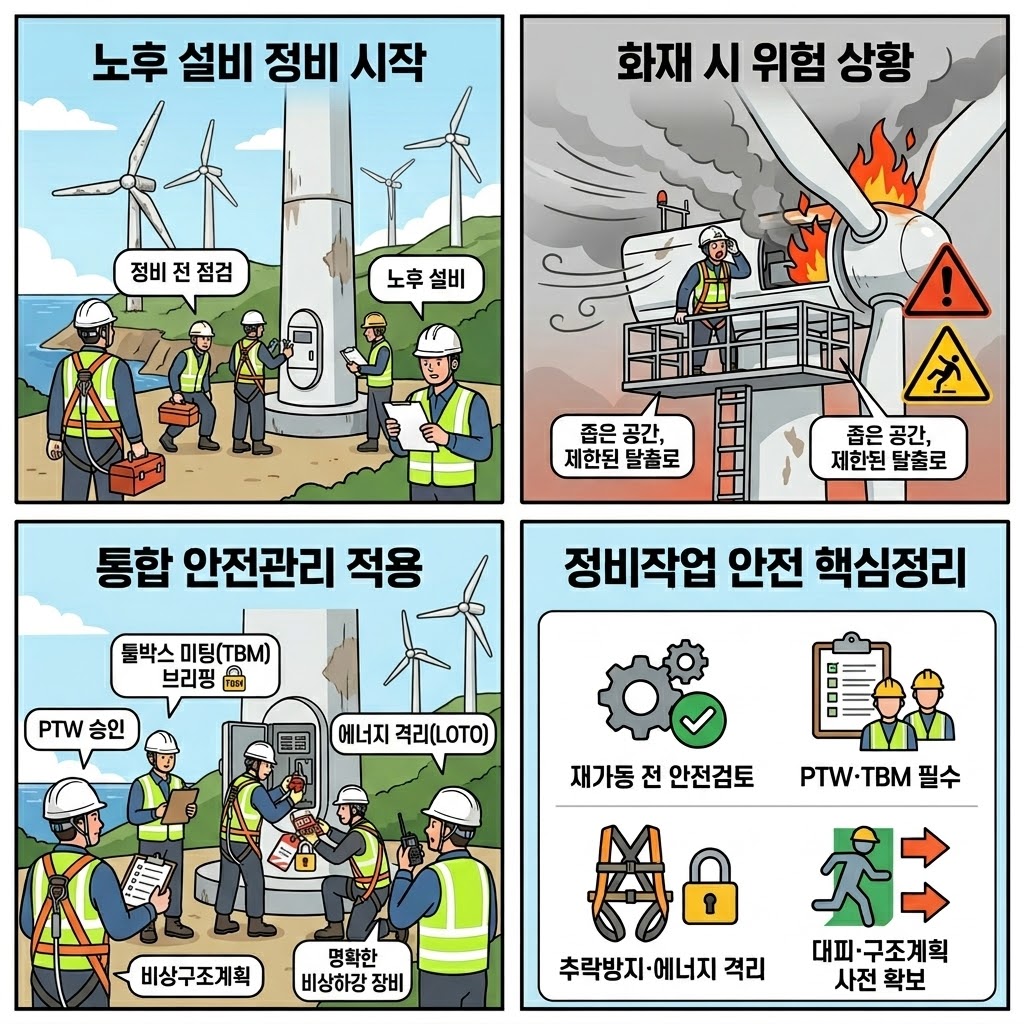 영덕 풍력발전단지 화재 안전관리 4컷 만화: 노후 풍력터빈과 블레이드 균열 보수 작업, 상부 화재와 제한된 탈출 동선, PTW&middot;TBM&middot;추락방지&middot;에너지 격리를 적용한 개선 작업 장면, 재가동 전 안전검토와 구조계획의 핵심 메시지를 순서대로 보여주는 교육용 이미지