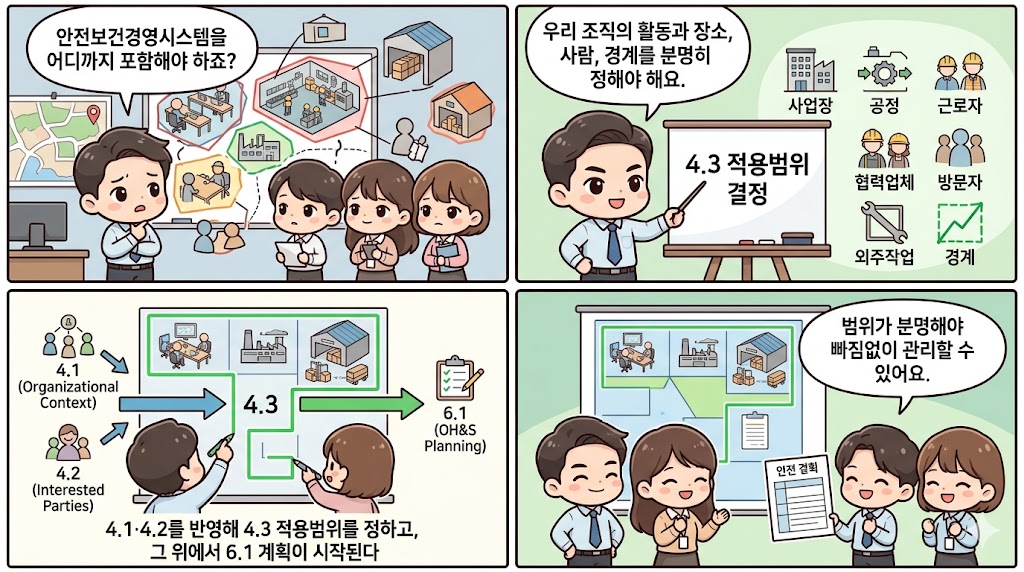 ISO 45001/45002 4.3 안전보건경영시스템 적용범위 결정: 조직의 사업장과 업무, 영향권을 검토해 안전보건경영시스템 범위를 설정하는 모습