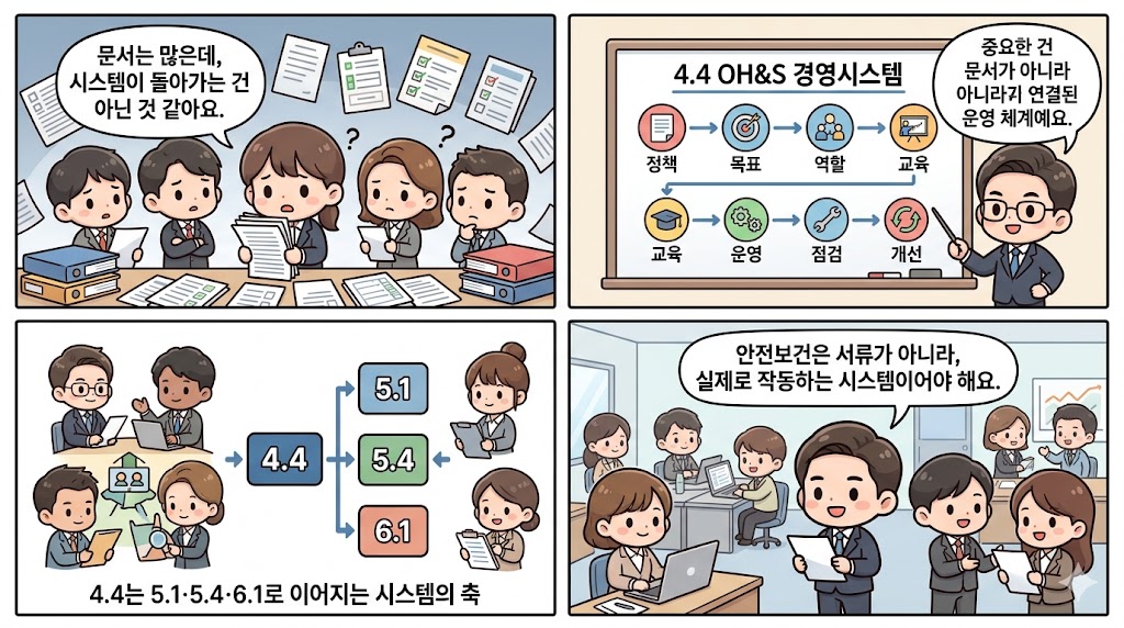 ISO 45001/45002 4.4 OH&S 경영시스템 수립·실행·유지·지속적 개선: 다양한 부서와 현장 프로세스를 하나의 안전보건경영시스템으로 통합해 운영하는 모습