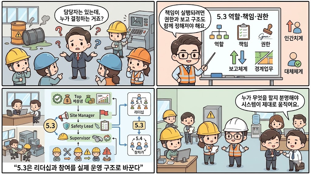 ISO 45001/45002 5.3 조직의 역할, 책임 및 권한: 안전보건경영시스템에서 각 부서와 담당자, 보고체계, 권한 경계가 명확히 정리되어 실제로 작동하는 모습