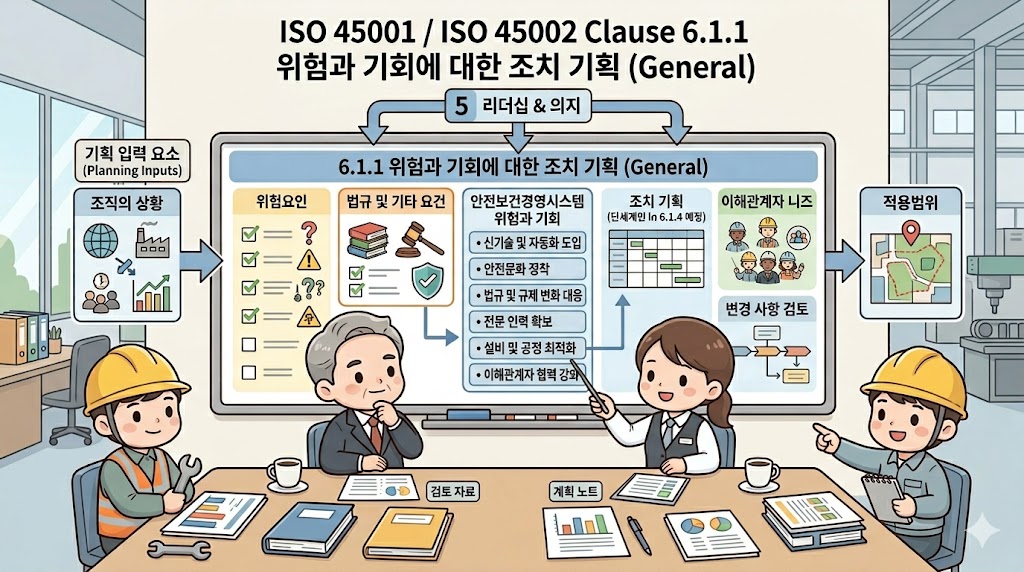 ISO 45001/45002 6.1.1 일반사항: 조직의 상황, 이해관계자 요구, 적용범위, 법적 요구사항, 리스크와 기회를 바탕으로 안전보건 기획 방향을 정하는 모습