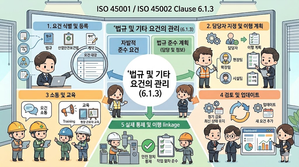 ISO 45001/45002 6.1.3 법적 요구사항 및 기타 요구사항의 결정: 조직이 적용 법규와 자발적 약속을 식별하고 책임자, 전달 대상, 통제수단, 최신 상태를 체계적으로 관리하는 모습