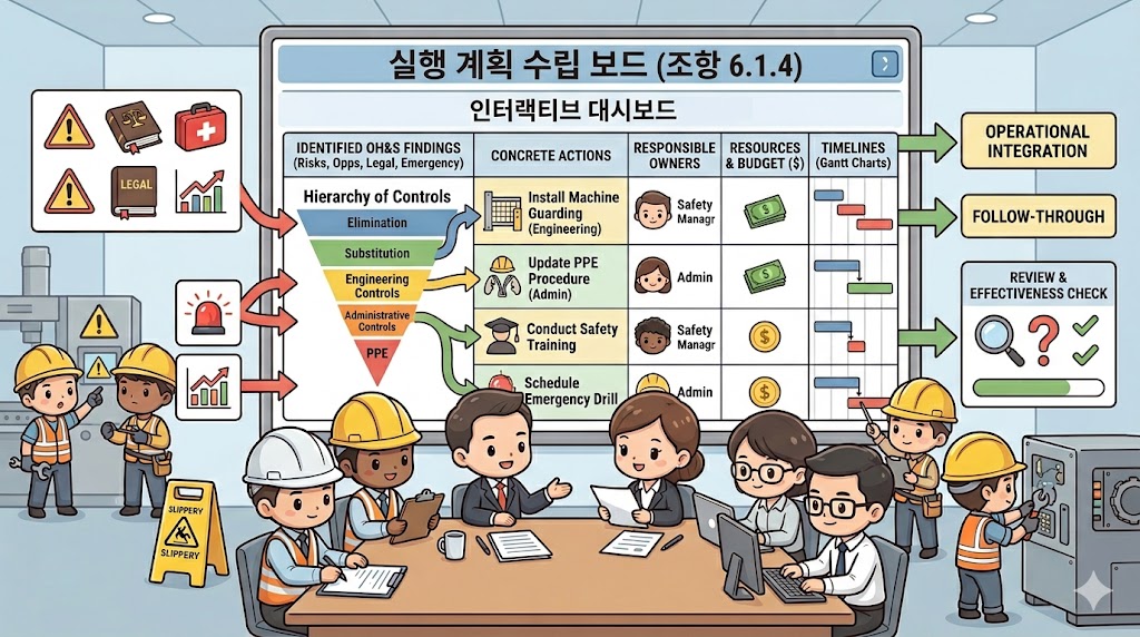 ISO 45001/45002 6.1.4 조치 기획: 유해요인, 법적 요구사항, 비상상황, 기타 리스크와 기회를 실제 조치계획과 통제수단, 책임자, 일정, 효과성 판단 기준으로 전환하는 모습