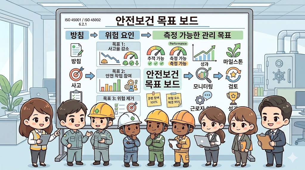 ISO 45001/45002 6.2.1 OH&S 목표: 6.1에서 파악한 리스크와 기회, 요구사항을 조직이 실제로 추적하고 관리할 수 있는 구체적이고 측정 가능한 목표로 전환하는 모습