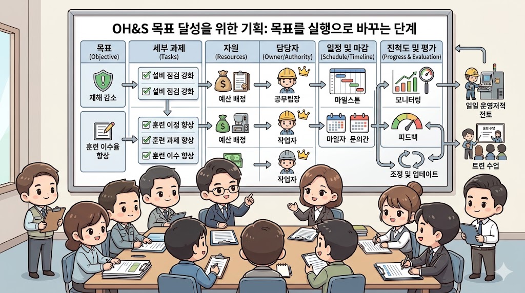 ISO 45001/45002 6.2.2 OH&S 목표 달성을 위한 기획: 안전보건 목표를 자원, 과제, 책임자, 권한, 일정, 지표가 있는 실행계획으로 구체화하는 모습