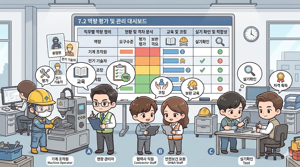ISO 45001/45002 7.2 역량: 안전보건경영시스템에서 작업자와 관리자, 감독자가 교육 기록보다 실제 수행 능력을 바탕으로 안전하게 일하고 평가하는 모습